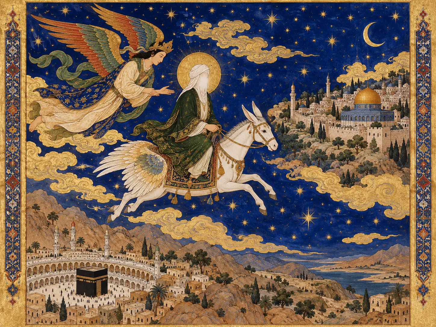 The Night Journey of Muhammad from Mecca to Jerusalem, accompanied by the angel Gabriel and carried by al-Buraq. Inspired by Persian illuminated manuscripts, the illustration combines Ibn Ishaq’s early description of the white, winged mount with later Islamic artistic traditions and celestial symbolism.