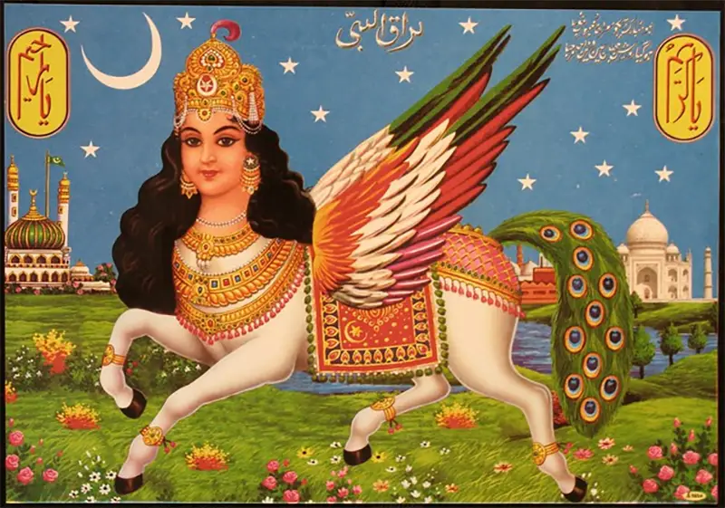 Buraq in 20th-century South Asian popular art, shown with a woman’s face, colorful wings, and a peacock tail, with the Taj Mahal in the background.