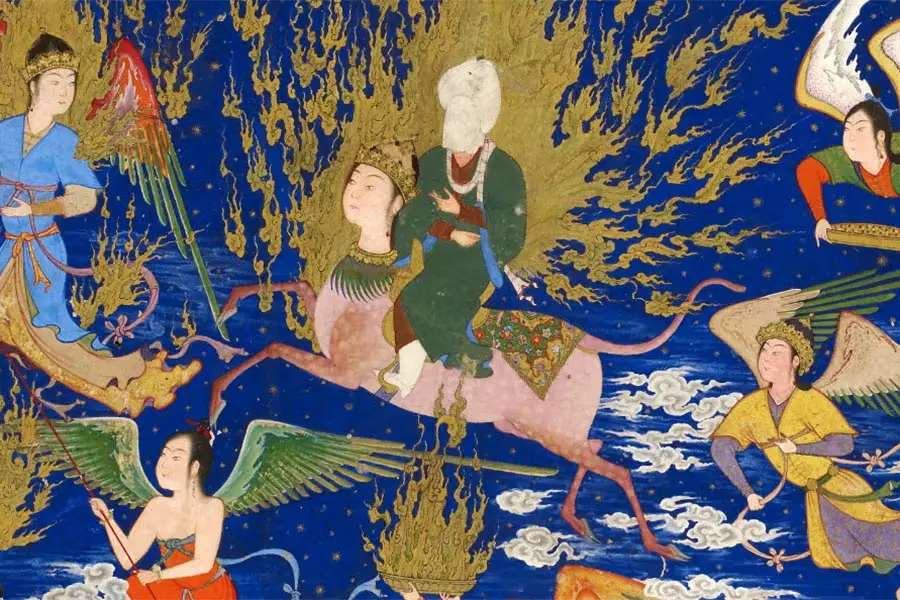 Buraq in Safavid Persian art, depicted with a human face, animal body, and wings during Muhammad’s celestial ascent. Detail from Nizami’s Khamsa, Tabriz, 1539-1543.