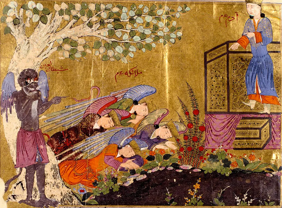 Angels honor Adam, except Iblis who refuses. source: Maʿrūf Baghdādī. Topkapı Saray Müzesi Kütüphanesi, MS Bağdat 282 fol. 16r