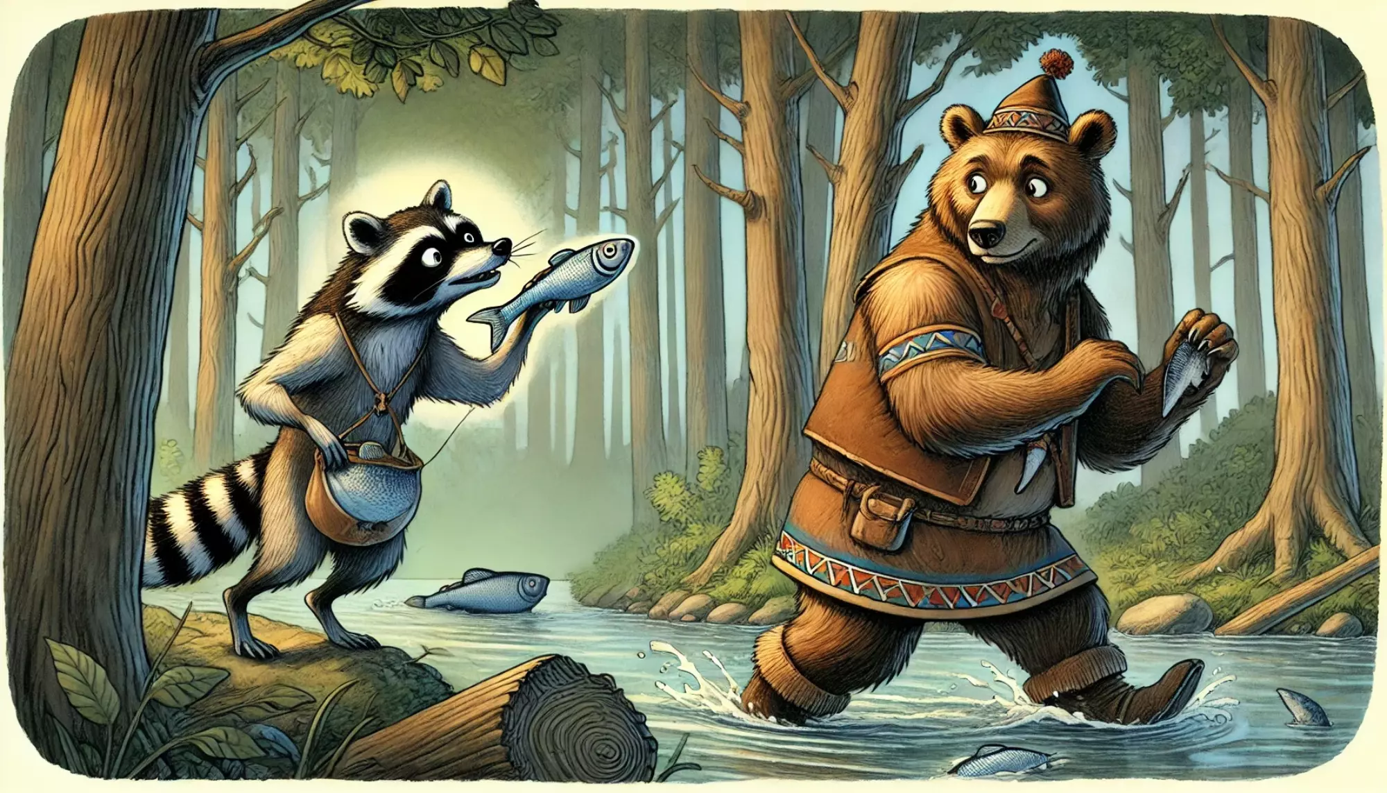 Azeban approaches a bear who has caught a fish. With wily eyes, he convinces the bear to join him in a game