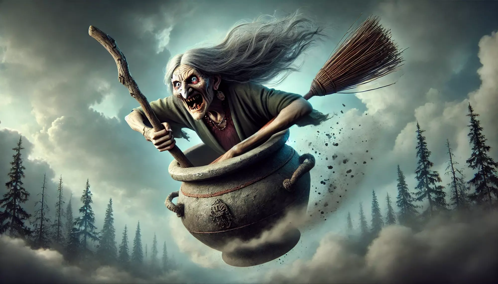 Baba Yaga usually described as a gaunt, elderly woman with iron teeth, flying through the sky in a giant mortar,