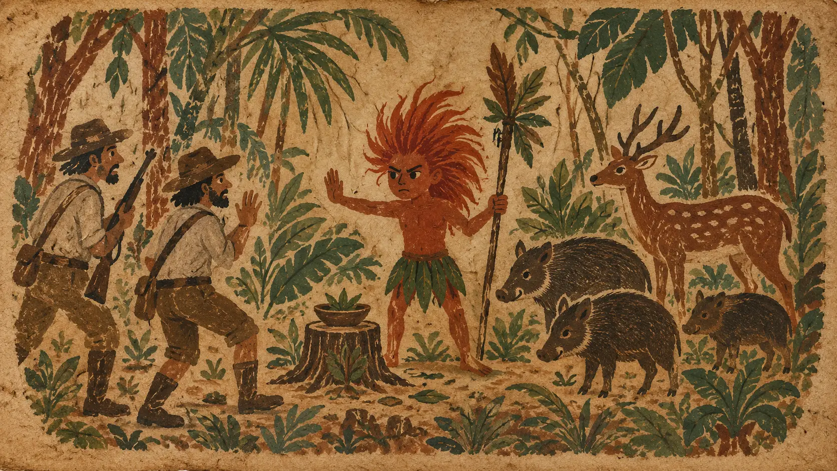 Caipora confronts hunters at the forest’s edge while animals gather behind the guardian, illustrating the spirit’s role in limiting harmful hunting and protecting the creatures of the woods.