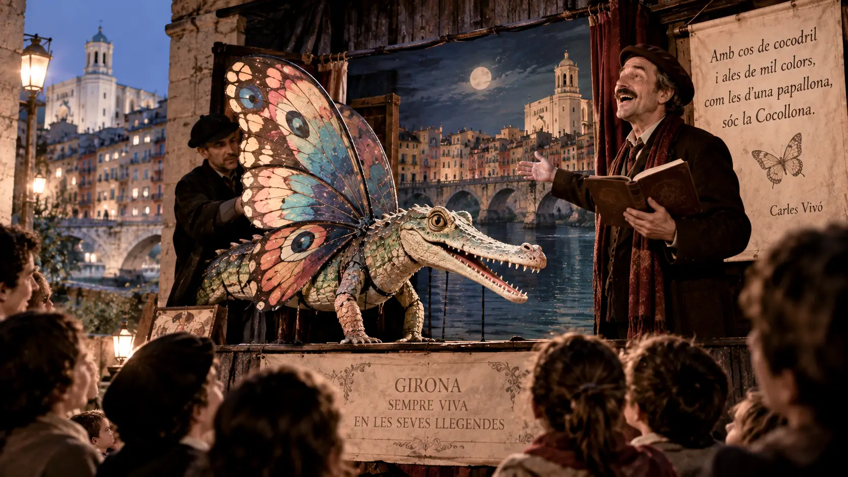 inspired by Carles Vivó’s Cocollona puppet and song, showing the legendary crocodile-and-butterfly creature brought to life through theatrical performance in Girona. Vivó adapted the legend into a first-person song for a puppet performance, helping transform the modern tale into living local folklore. This is an illustrative reconstruction, not a photograph of an actual performance.