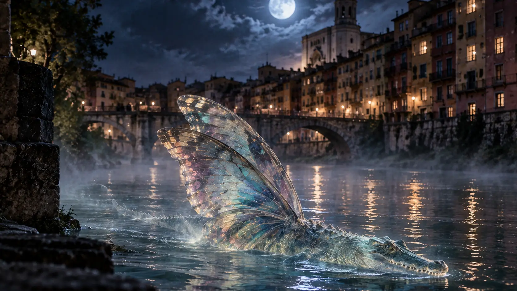 Artistic reconstruction of the Cocollona’s ghost swimming through Girona’s Onyar River on a misty full-moon night. Carles Vivó’s legend describes a blurred, half-transparent crocodile with butterfly wings appearing near dawn before vanishing with the first sunlight. This is a visual interpretation of the legend, not a documented sighting.