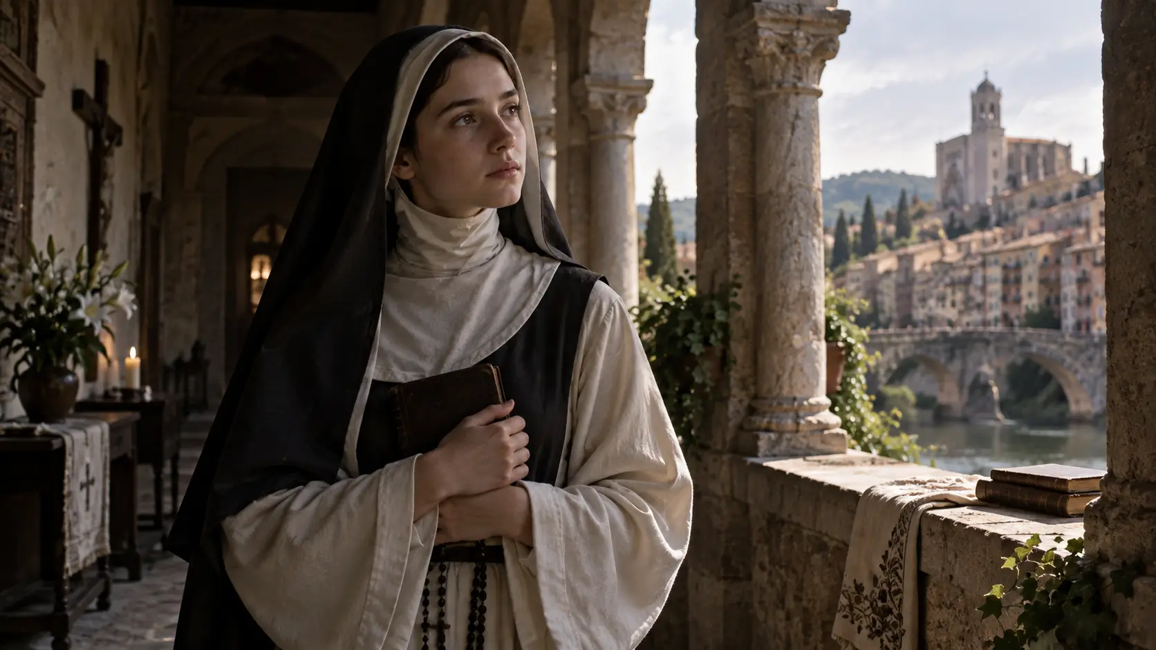 Historical fantasy reconstruction of the young religious novice before her legendary transformation into the Cocollona. The scene represents the human beginning of Girona’s modern Cocollona legend and is an artistic interpretation, not a depiction of a documented historical person or event.