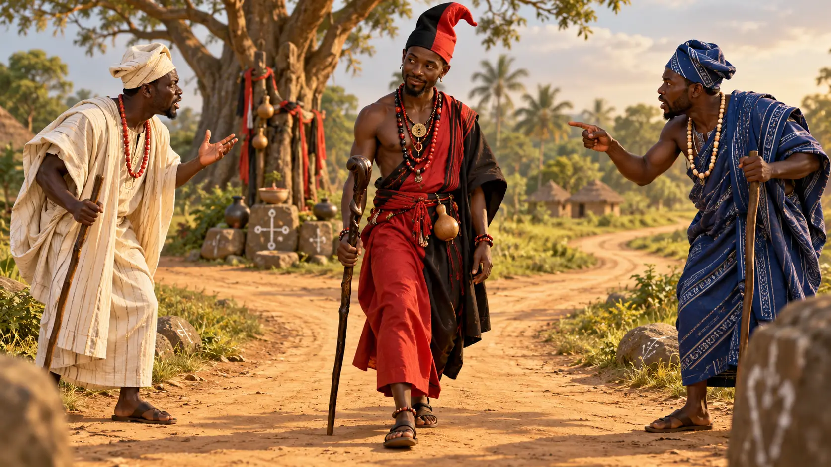 Eshu, the Yoruba divine messenger and trickster, walks between two men wearing a red-and-black cap, leading each to see a different color and argue over what they witnessed. The scene illustrates a traditional Yoruba tale about deception, conflicting perspectives, and the limits of human certainty.