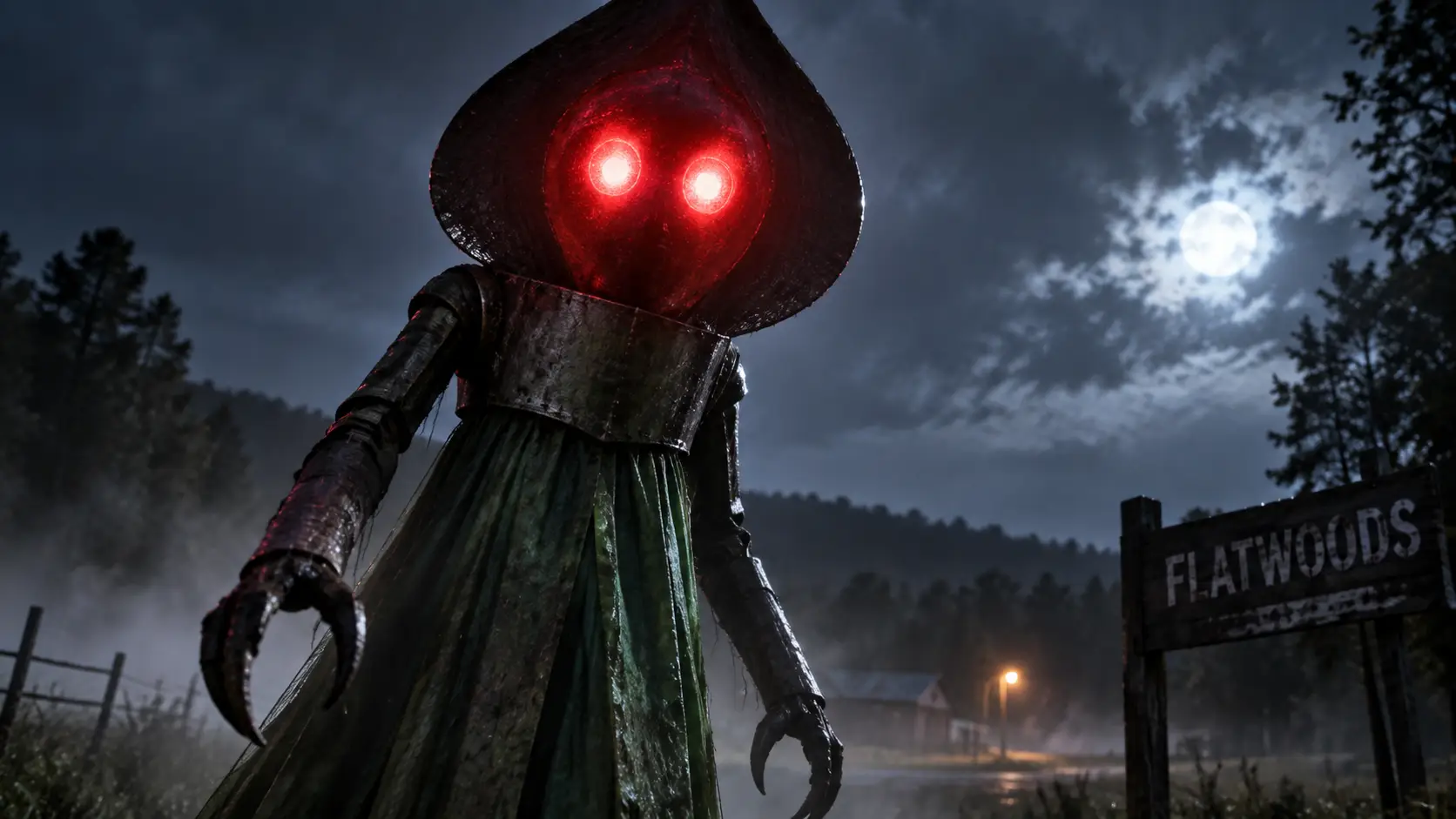 Flatwoods Monster - an unusually tall figure, often reported as approaching twelve feet in height. The creature had a reddish face and a large head or hood