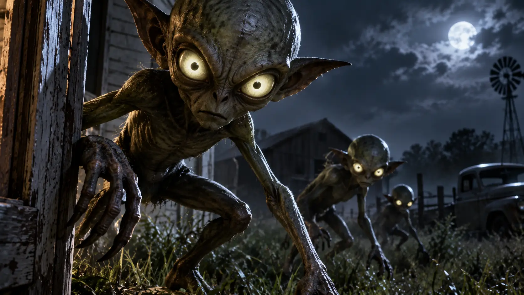 Hopkinsville Goblins - small humanoid figures roughly three to four feet tall, with oversized heads, large luminous eyes, unusually long arms
