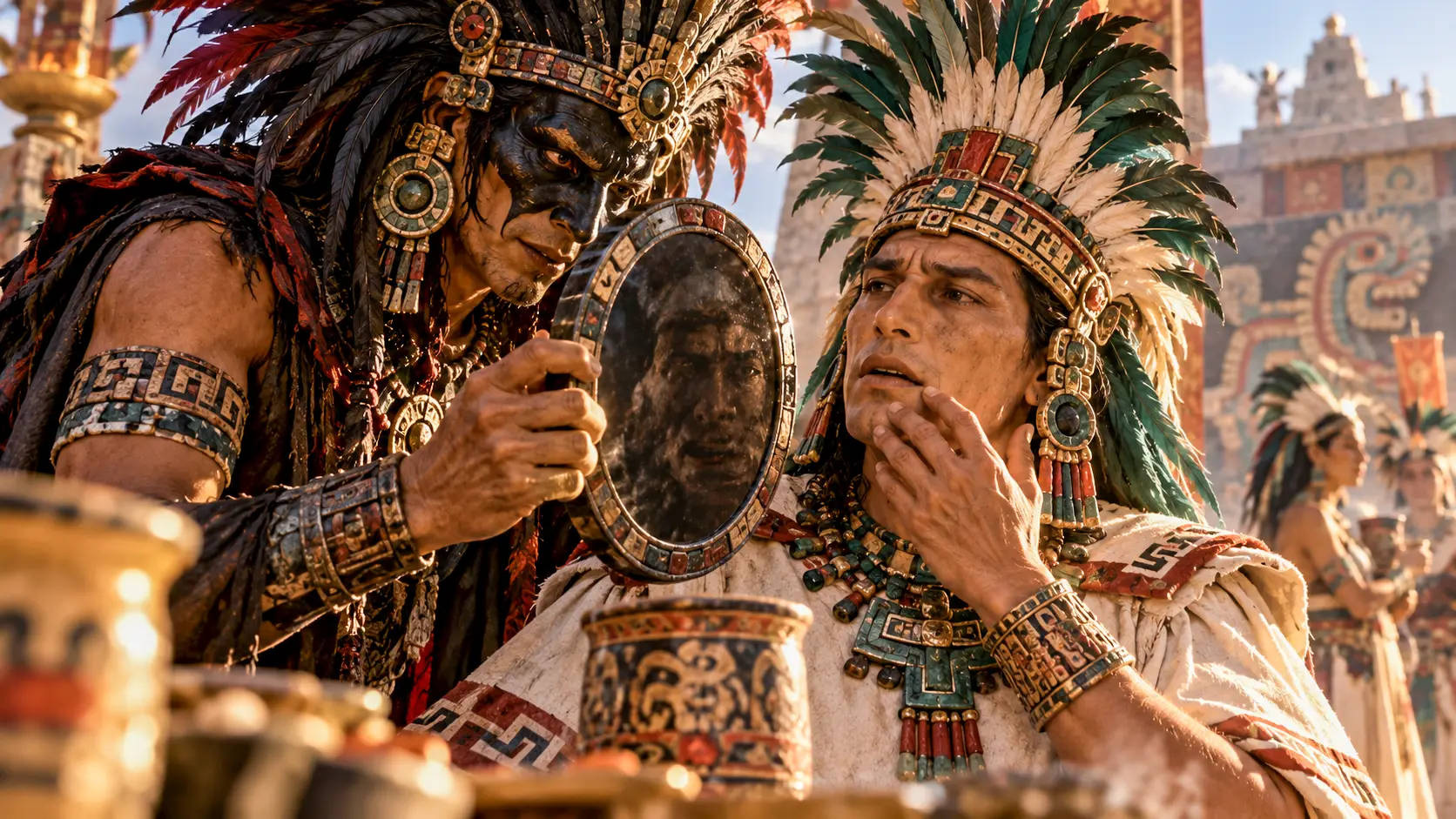 Tezcatlipoca, the Nahua god of deception and sorcery, presents an obsidian mirror to Topiltzin Quetzalcoatl, confronting the priestly ruler with his own disturbing reflection. The scene depicts an episode from the Annals of Cuauhtitlan, in which deception contributes to Quetzalcoatl’s downfall and eventual departure from Tollan.