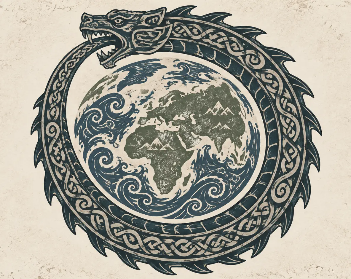 Jörmungandr, the World Serpent, encircling Midgard and biting its own tail.