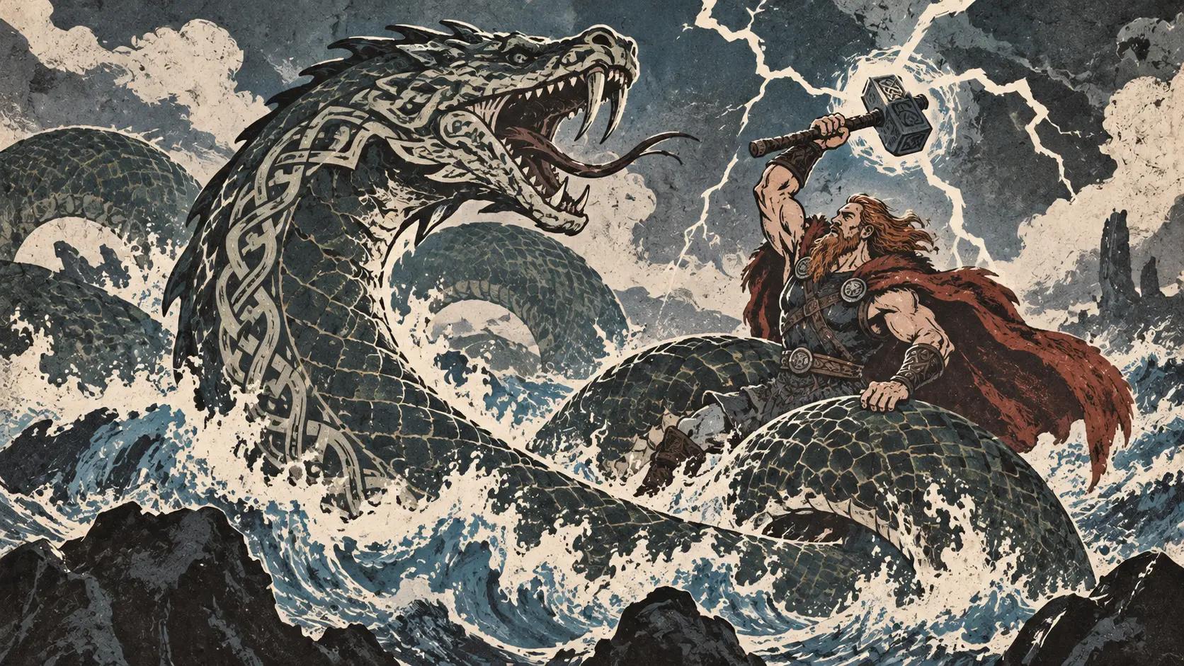 Thor confronts Jörmungandr at Ragnarök, killing the World Serpent before succumbing to its deadly venom. Norse-inspired illustration