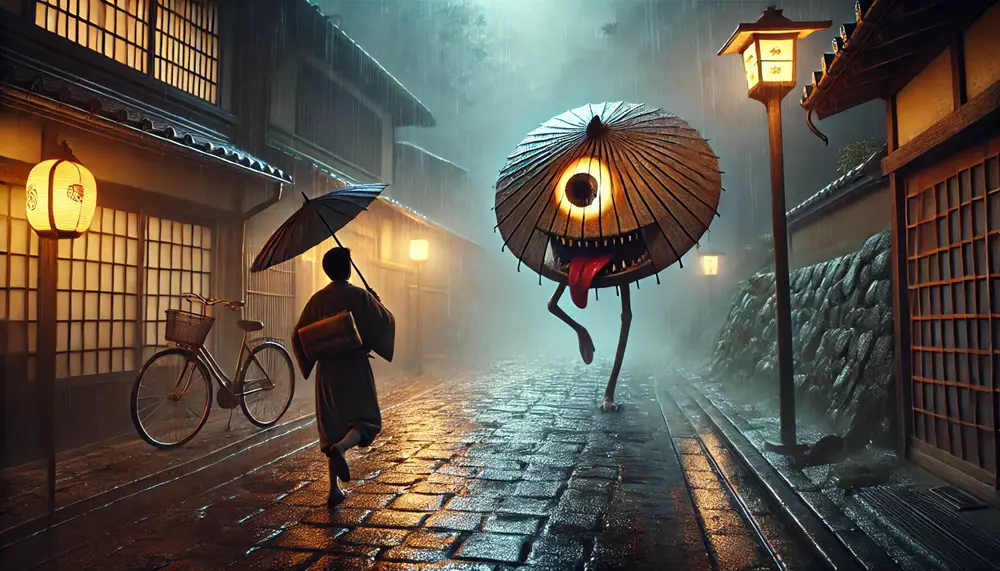 a traveler who encounters Kasa-obake on a rainy night. Thinking it’s merely an abandoned umbrella