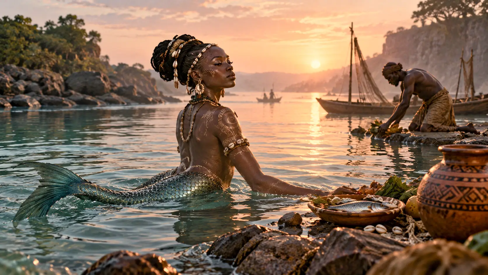 Kianda emerges beside the shore as fishermen leave offerings of fish, shells, leaves, and vessels to acknowledge and appease the water spirit. The scene emphasizes Kianda not as a creature simply encountered in the sea, but as a supernatural presence woven into the relationship between local communities, water, and the wider natural landscape.