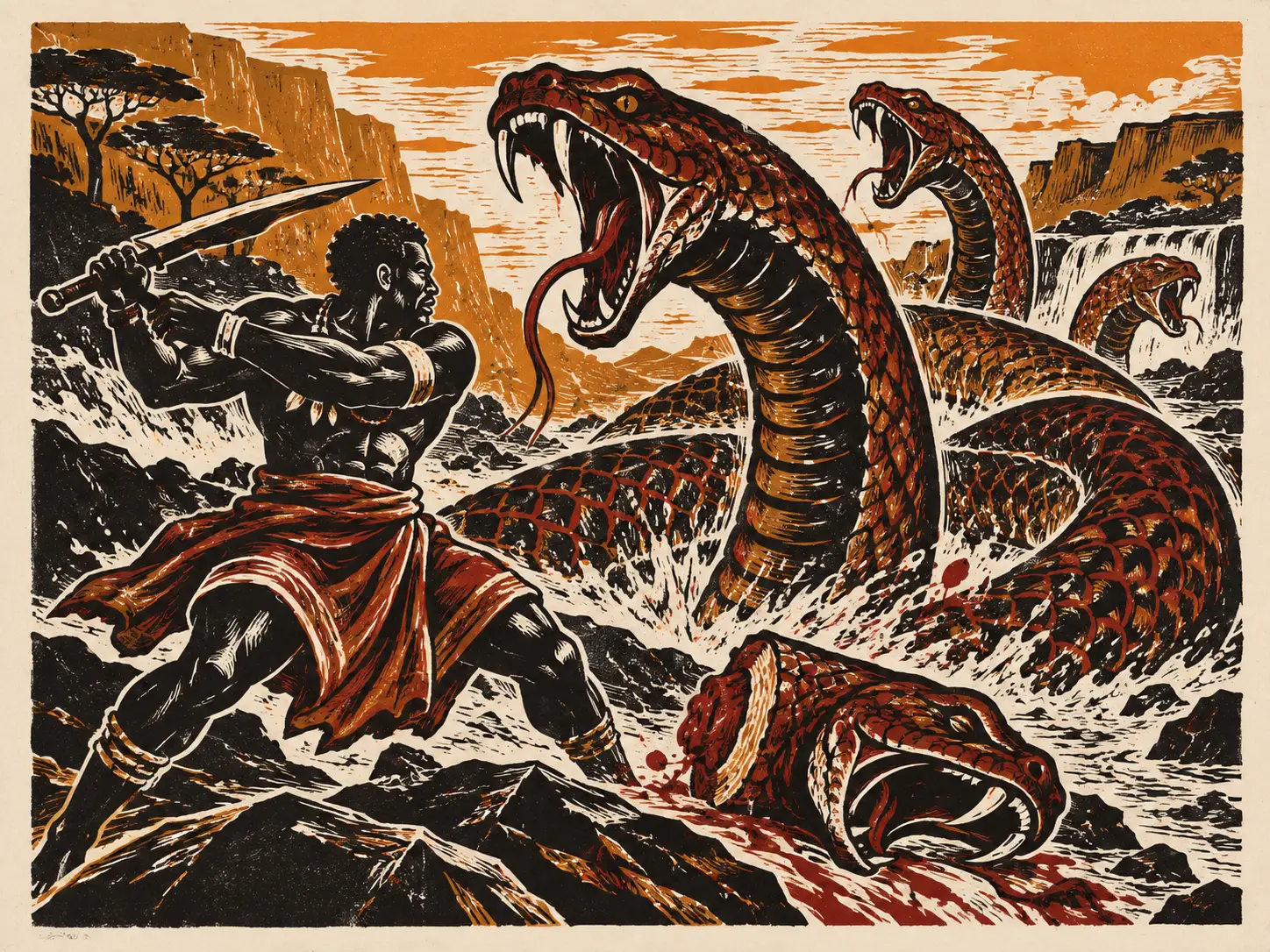 One striking feature is the repeated appearance of serpent heads during battle. Sudika-Mbambi cuts down one attacking head, only for another to confront him