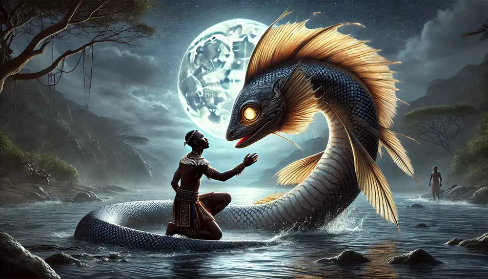 The Mamlambo, appearing as a radiant serpent-fish hybrid, offered Mbali beauty and charm