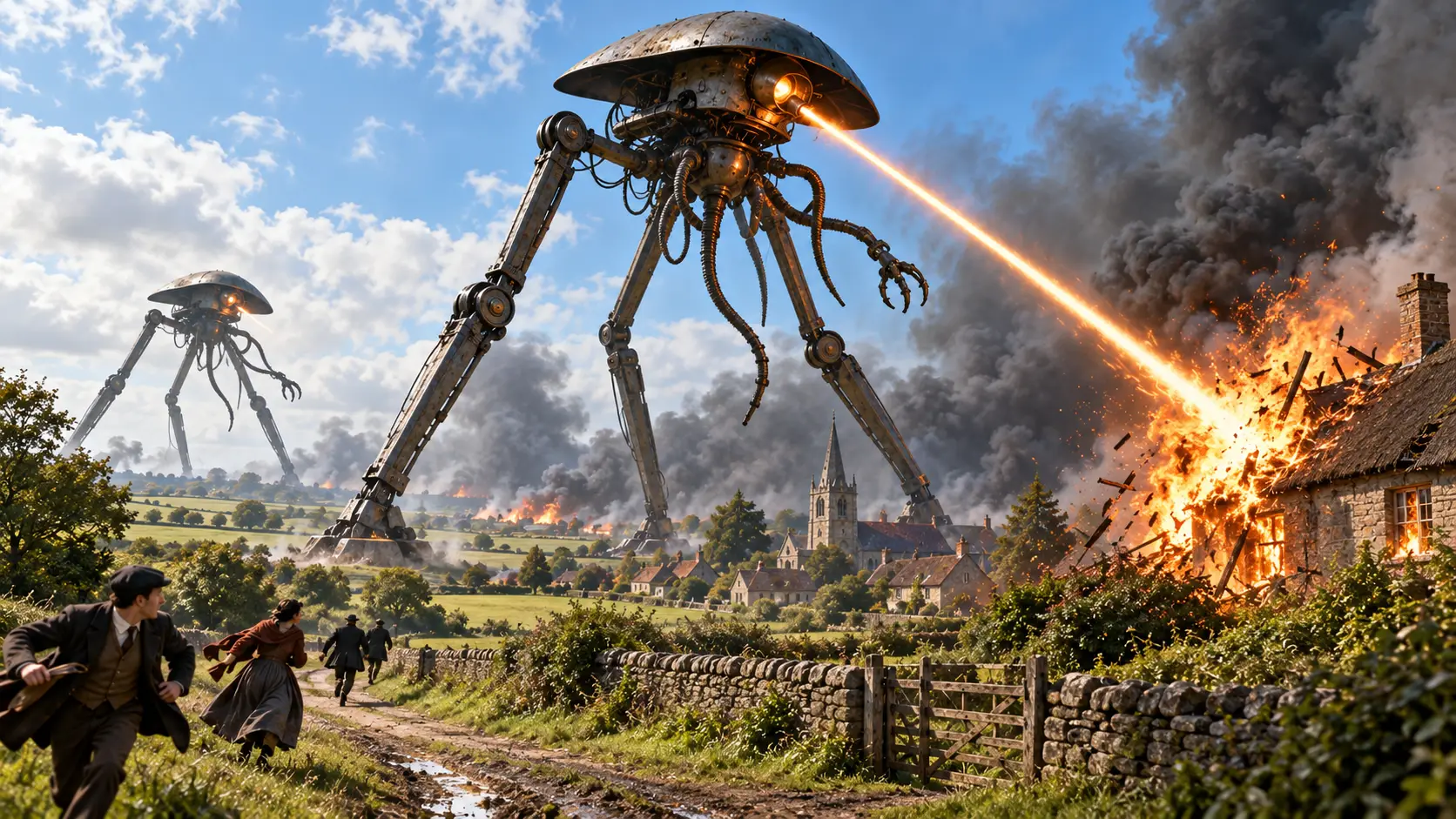 Martian Tripods tower above the countryside on three articulated legs, their hooded bodies and flexible appendages combining immense metal bulk with swift strides