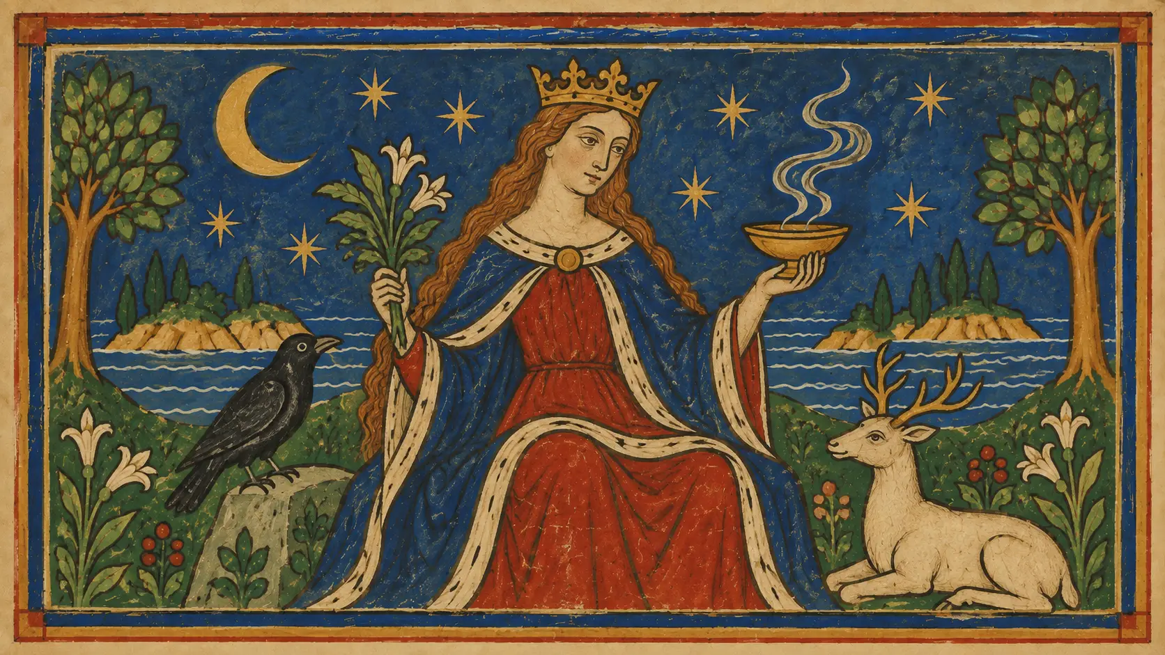 Morgan le Fay appears as both noblewoman and enchantress, surrounded by symbols of her supernatural authority. The crescent moon and stars evoke the otherworldly realm, while medicinal herbs recall her role as a healer. The smoking vessel suggests enchantment, and the raven and stag are used here as symbols of mystery, wilderness, and the boundary between the human world and Avalon.