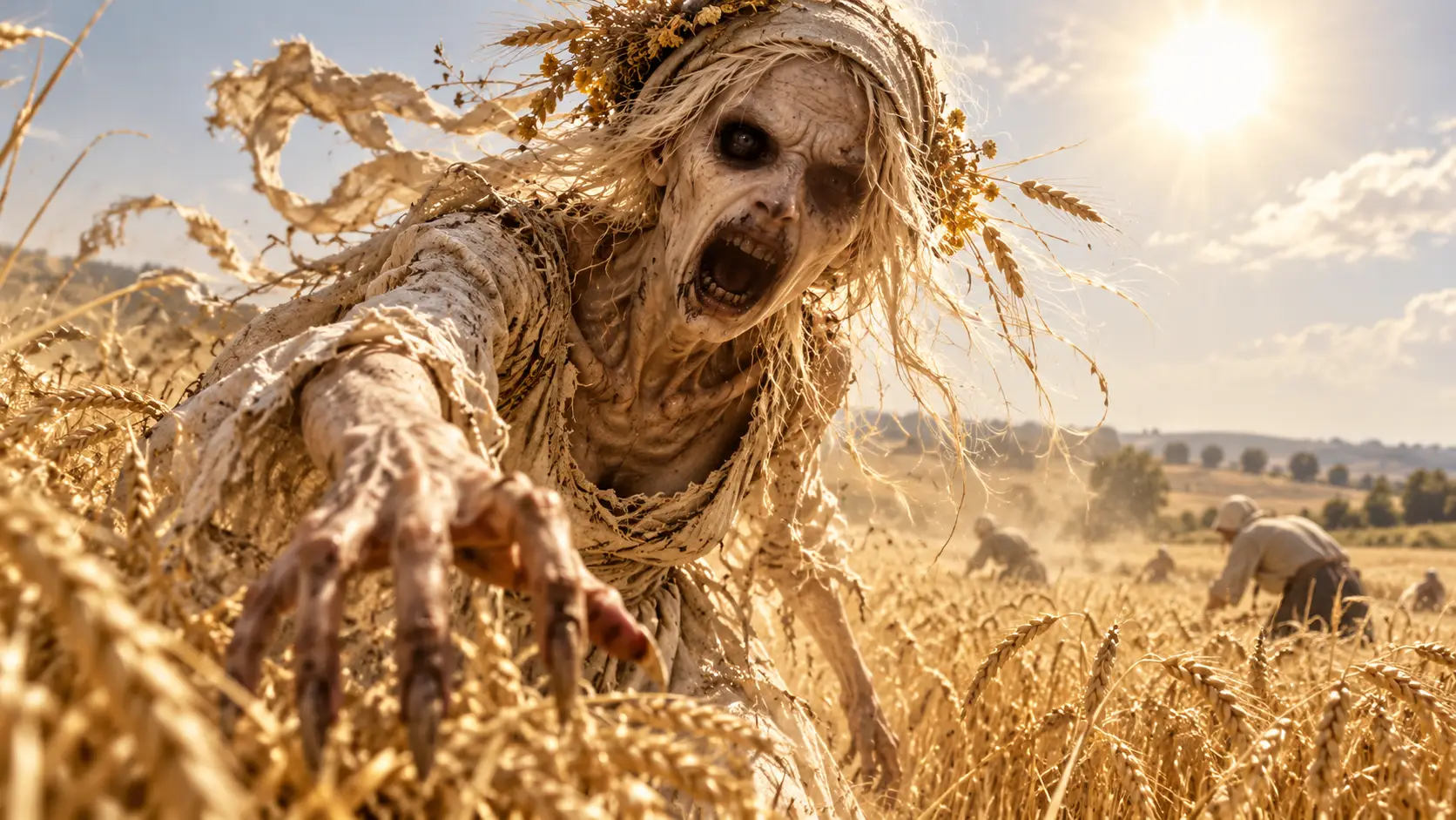 In Polish folklore, the południca brings danger to the fields at noon, sometimes carrying a sickle among the grain.