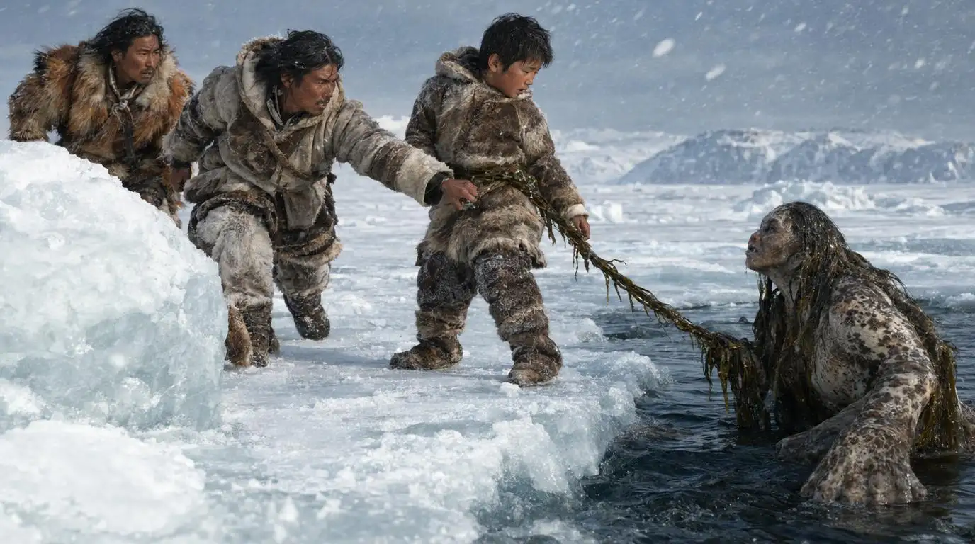 Two Inuit rescuers rush to free a young boy from the Kalopaling's seaweed tether on the frozen Arctic sea, recreating a dramatic moment from the traditional tale recorded by Franz Boas in 1888.