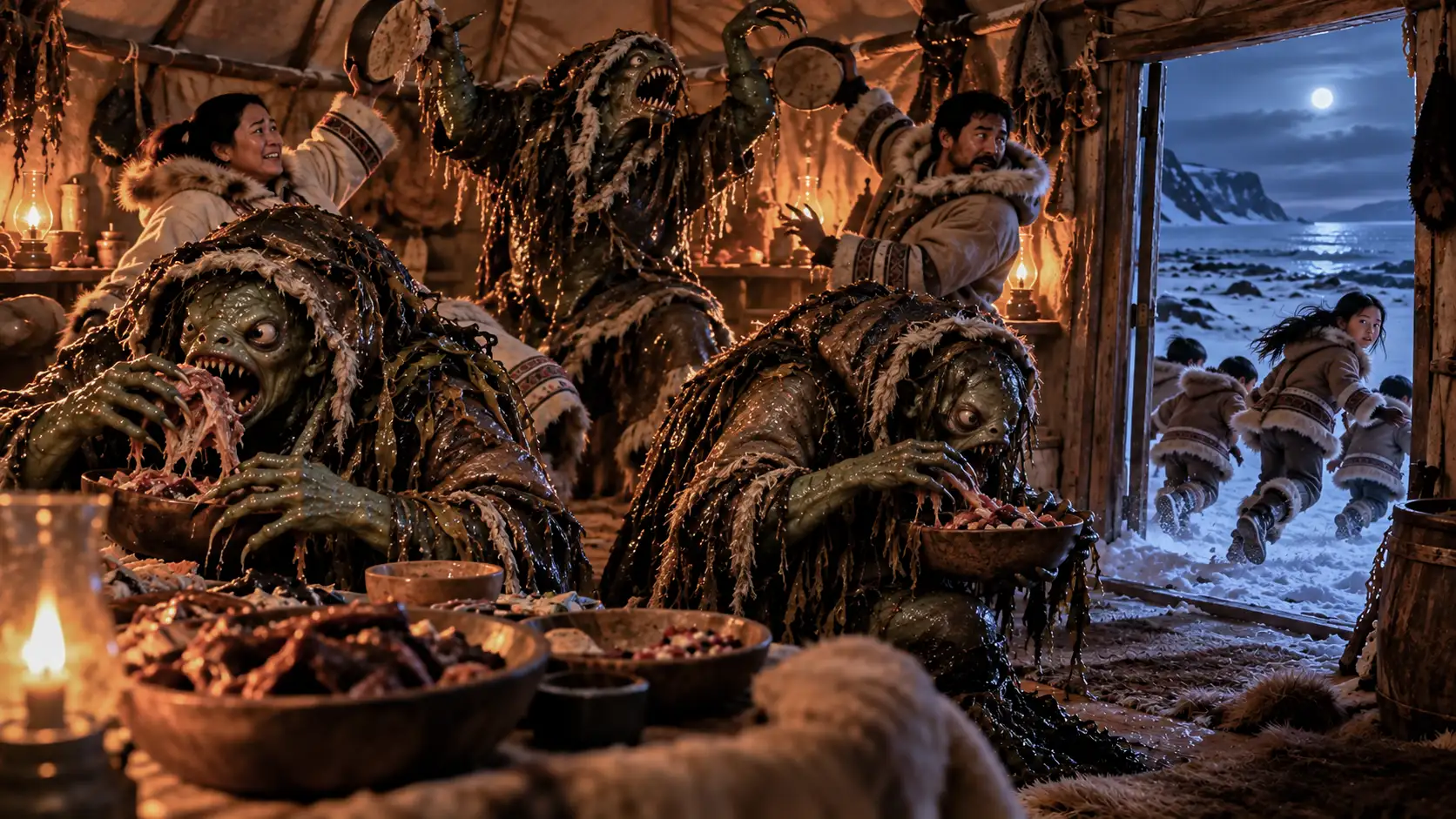 While Allashua escapes with her siblings into the Arctic night, her parents distract the terrifying Qallupilluit with food and dancing, outsmarting the sea creatures in A Promise Is a Promise (1988).