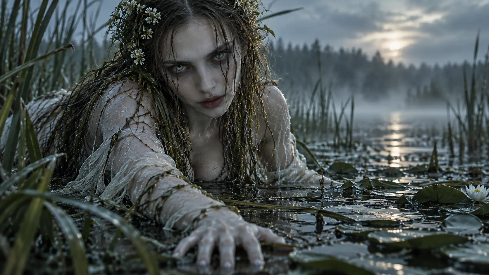A rusalka’s loose hair marks her presence beside a rye-field path, where seasonal danger could reach beyond the water’s edge.