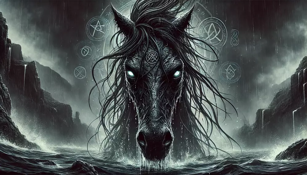 Kelpie - A water spirit in the form of a dark, ghostly horse with wet, shimmering mane and intense eyes