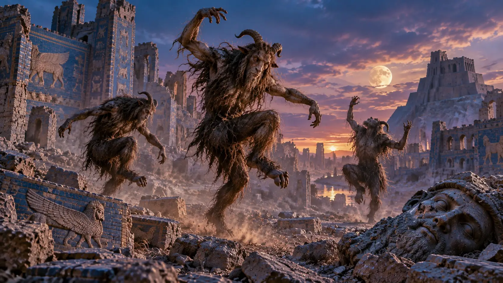 Se’irim dance among the ruins of Babylon, where a once-mighty city has fallen into desolation and become the dwelling place of mysterious wilderness beings. (Isaiah 13:21)