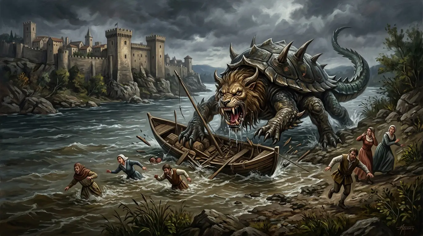 the Tarasque lives close to the Rhône and makes the surrounding land dangerous. It attacks travelers, threatens boats, and turns the river crossing into a place of dread.