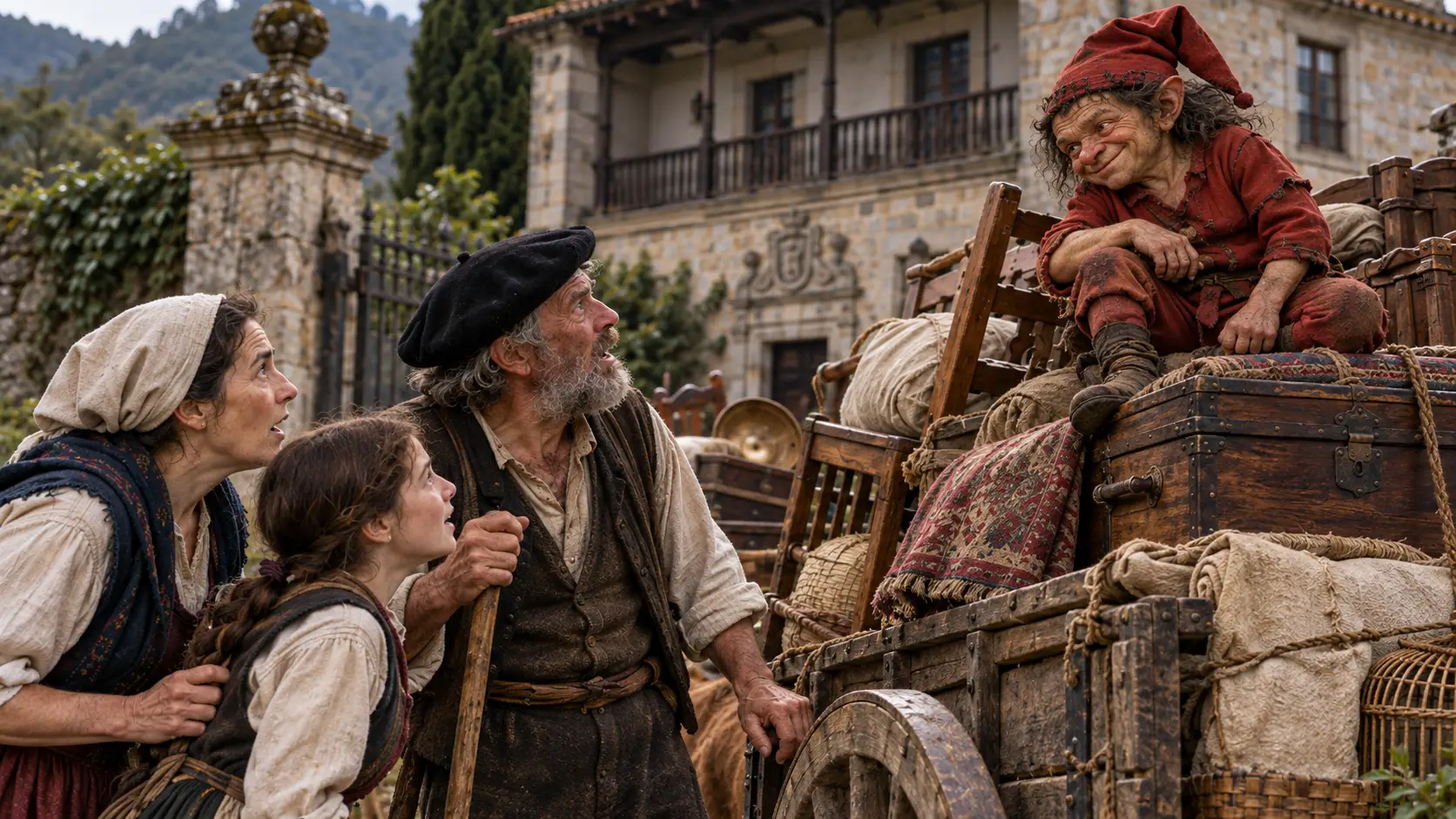: As the family prepares to abandon the palace, they discover the Trasgu perched comfortably on the final cart, ready to follow them to their new home.