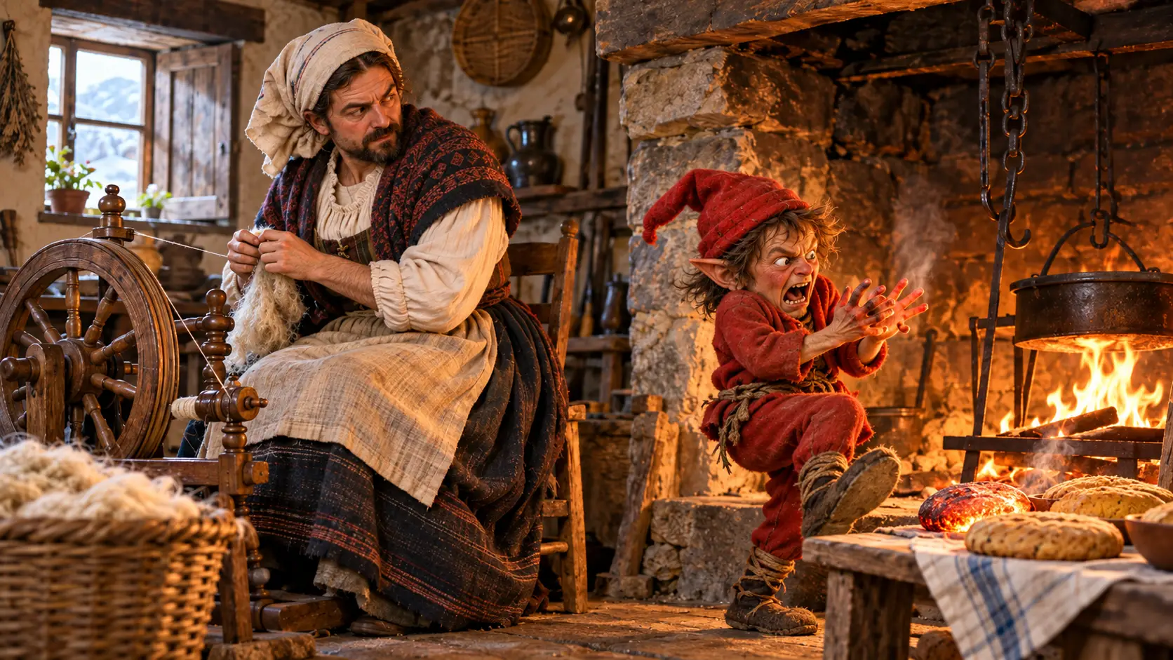 Disguised beside the hearth, the husband watches as the Trasgu grabs the heated stone and burns his hands, finally turning the spirit’s nightly theft against him.
