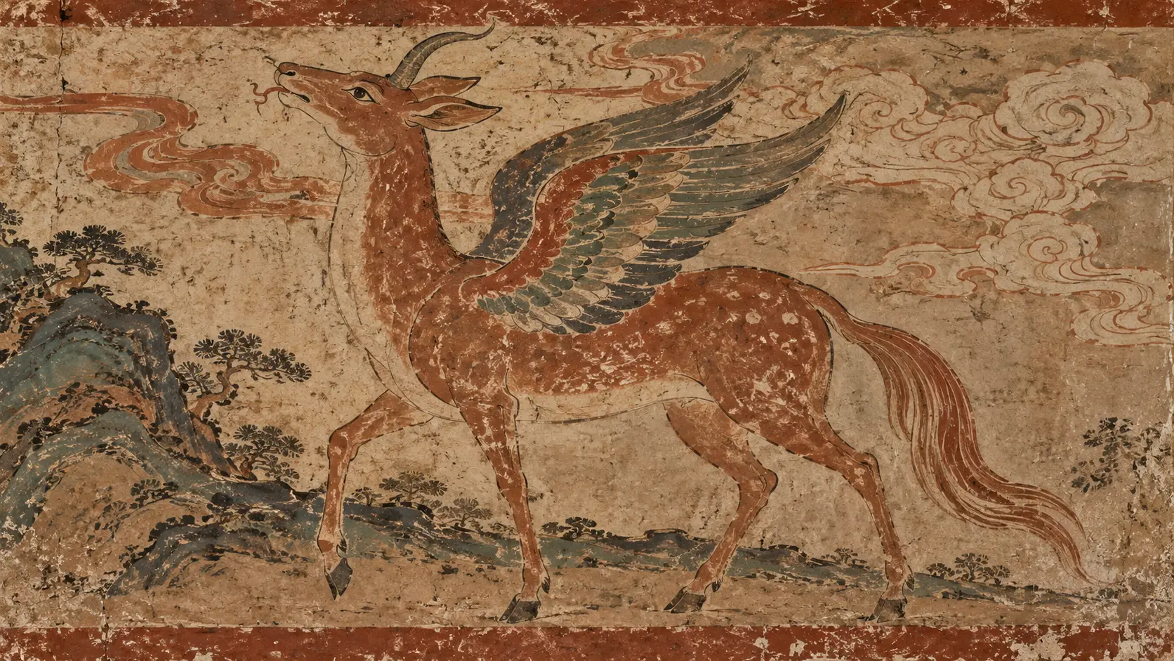 Tianlu depicted as a one-horned, winged deer-like guardian in a style inspired by early Chinese funerary art and Han-period visual traditions.