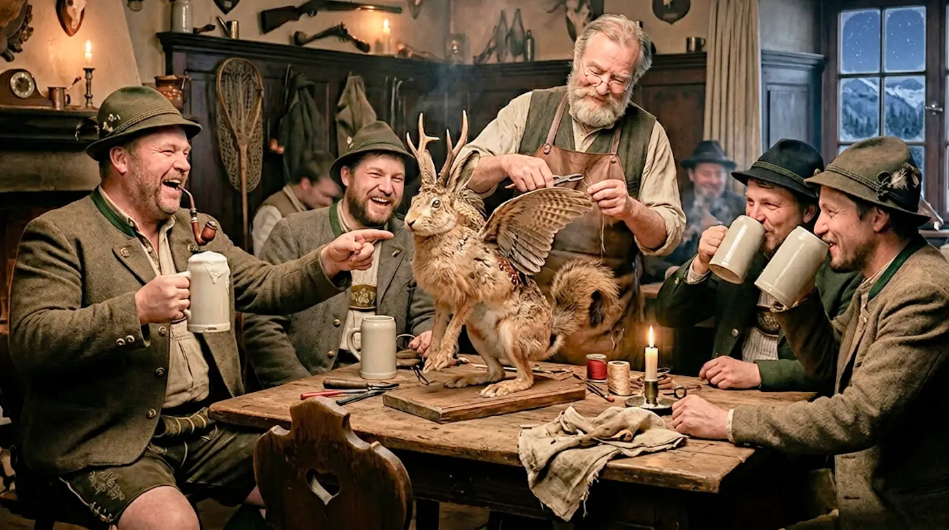  displayed specimen. A stuffed Wolpertinger mounted in an inn, restaurant, or museum is presented as if it were genuine local wildlife. The visual joke gives the legend a fake physical proof