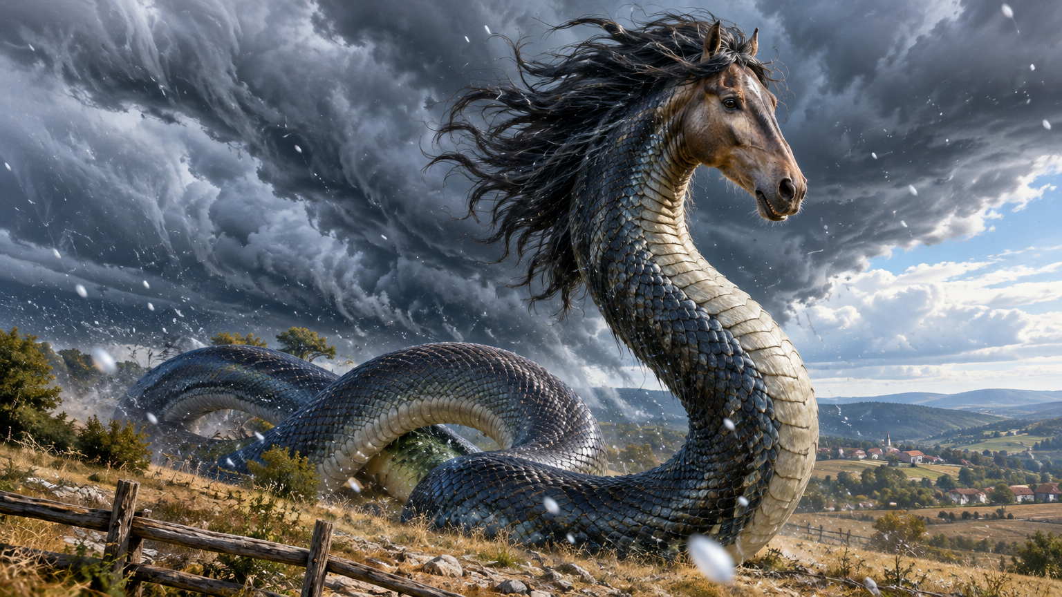 A serpent-bodied creature with a horse’s head rises against dark clouds.