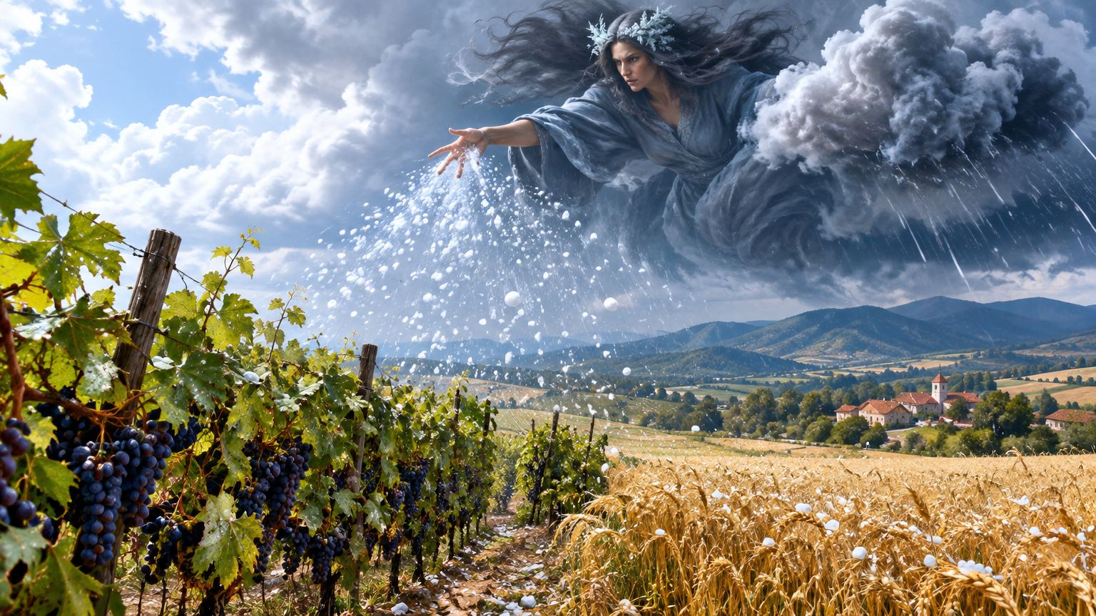 Dark clouds sweep over grain fields and grapevines as hail falls.