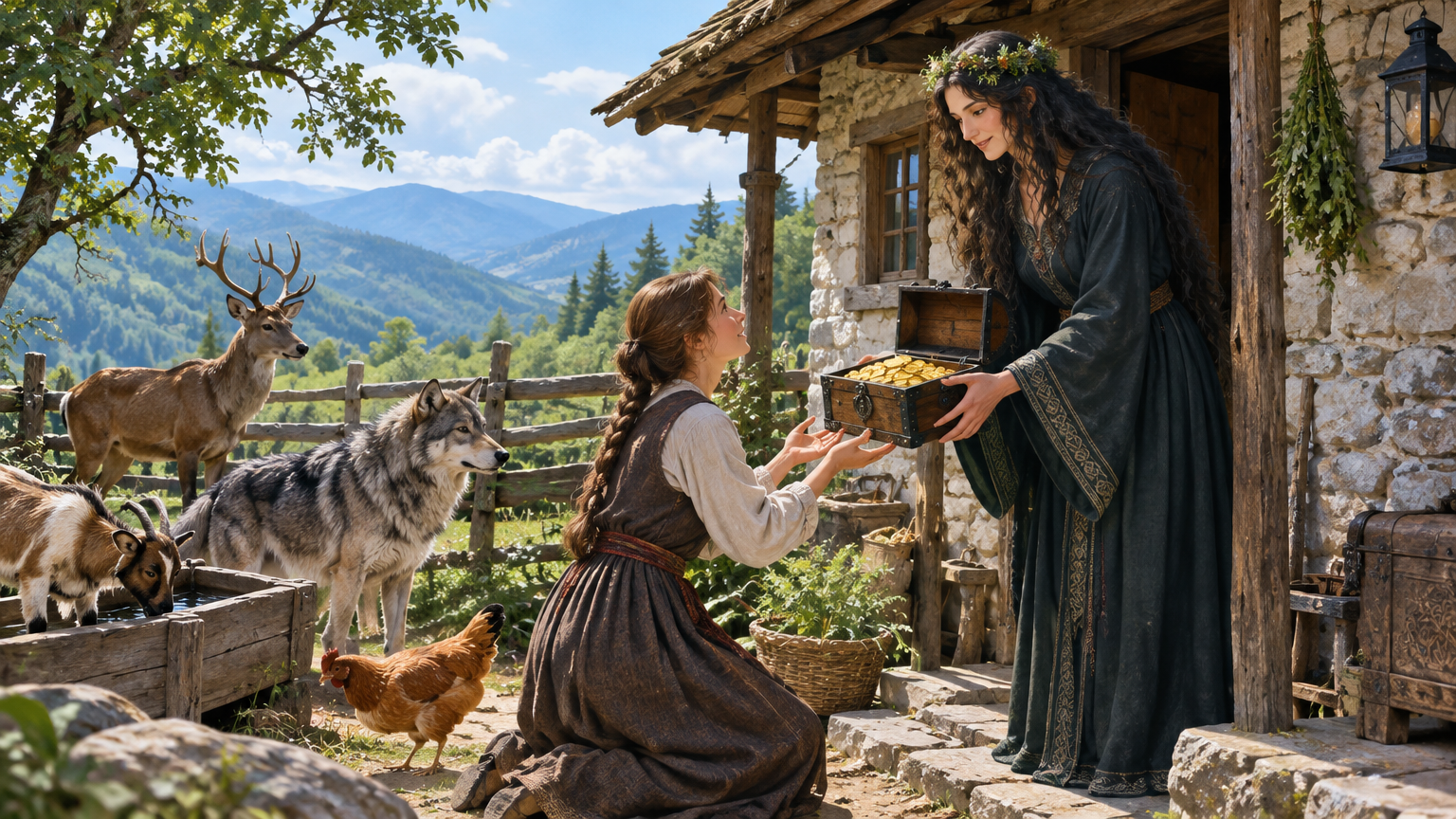 A young woman tends wild animals inside a remote house, with a chest nearby.