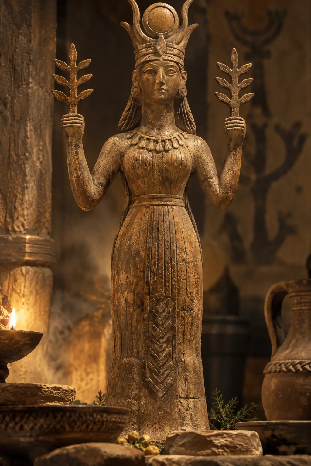 Asherah, the ancient Canaanite mother goddess, holds sacred branches in a shrine surrounded by offerings and oil lamps, reflecting her association with divine motherhood and sacred trees.