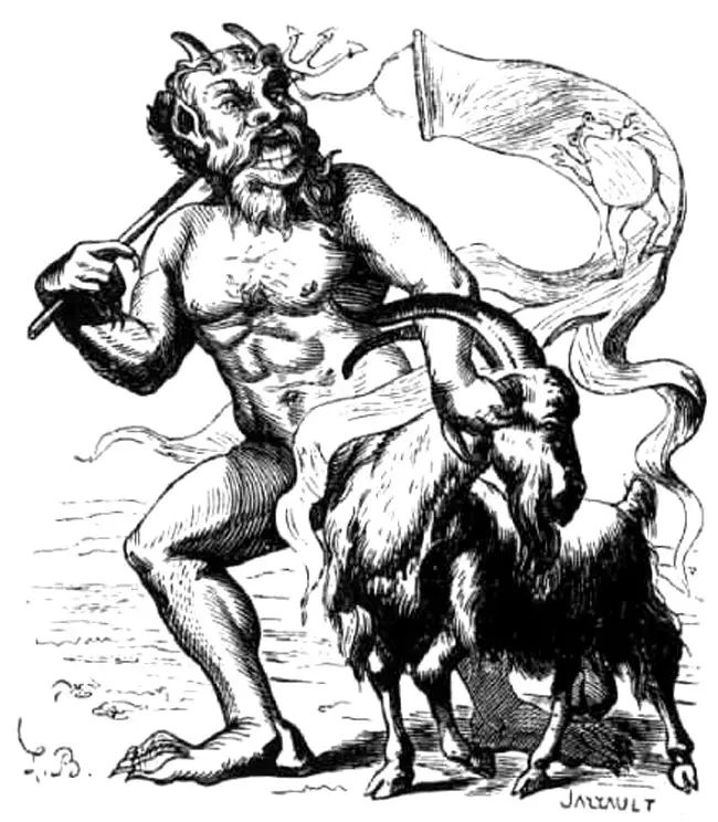 Azazel, portrayed as a horned demon accompanied by a goat, carrying a trident and banner. The illustration reflects 19th-century European demonology and the association of Azazel with the biblical scapegoat tradition. Louis Le Breton, Dictionnaire Infernal, 1863
