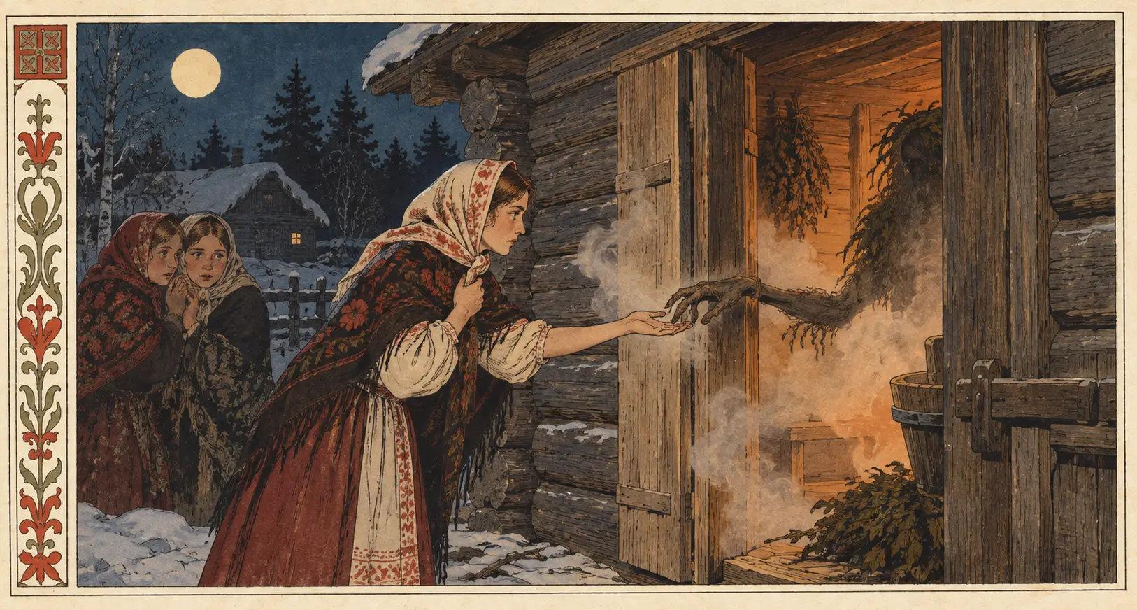 young women seeking signs about marriage or future fortune and getting the bannik to help them