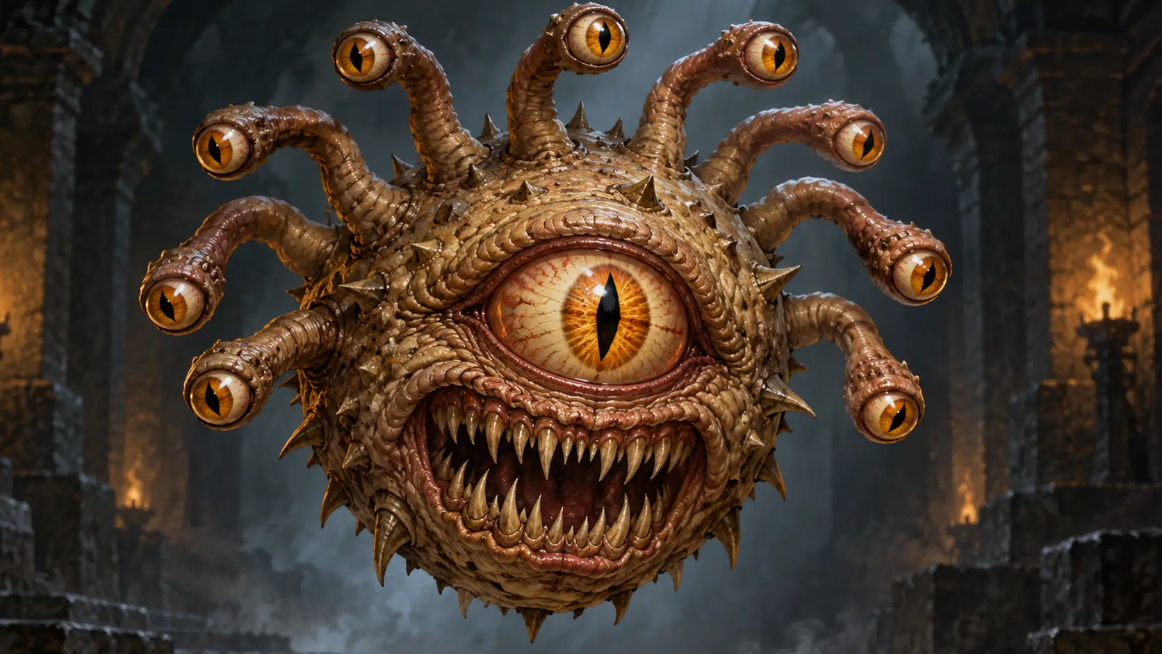 A beholder is defined by its floating spherical body, enormous central eye, ten flexible eyestalks, and wide tooth-filled mouth. Its central eye suppresses magic, while each smaller eye can project a different supernatural ray, making the creature both highly observant and exceptionally dangerous.