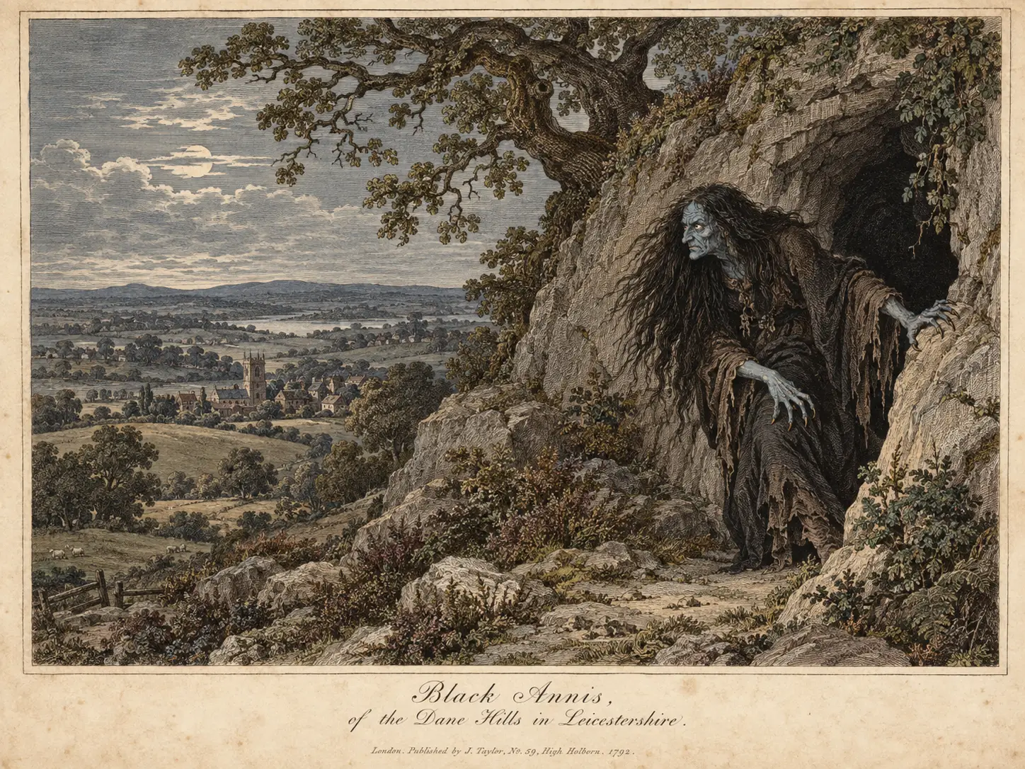Black Annis emerges from her hillside bower above the Dane Hills, watching the Leicestershire countryside from the landscape that shaped her earliest documented legend.