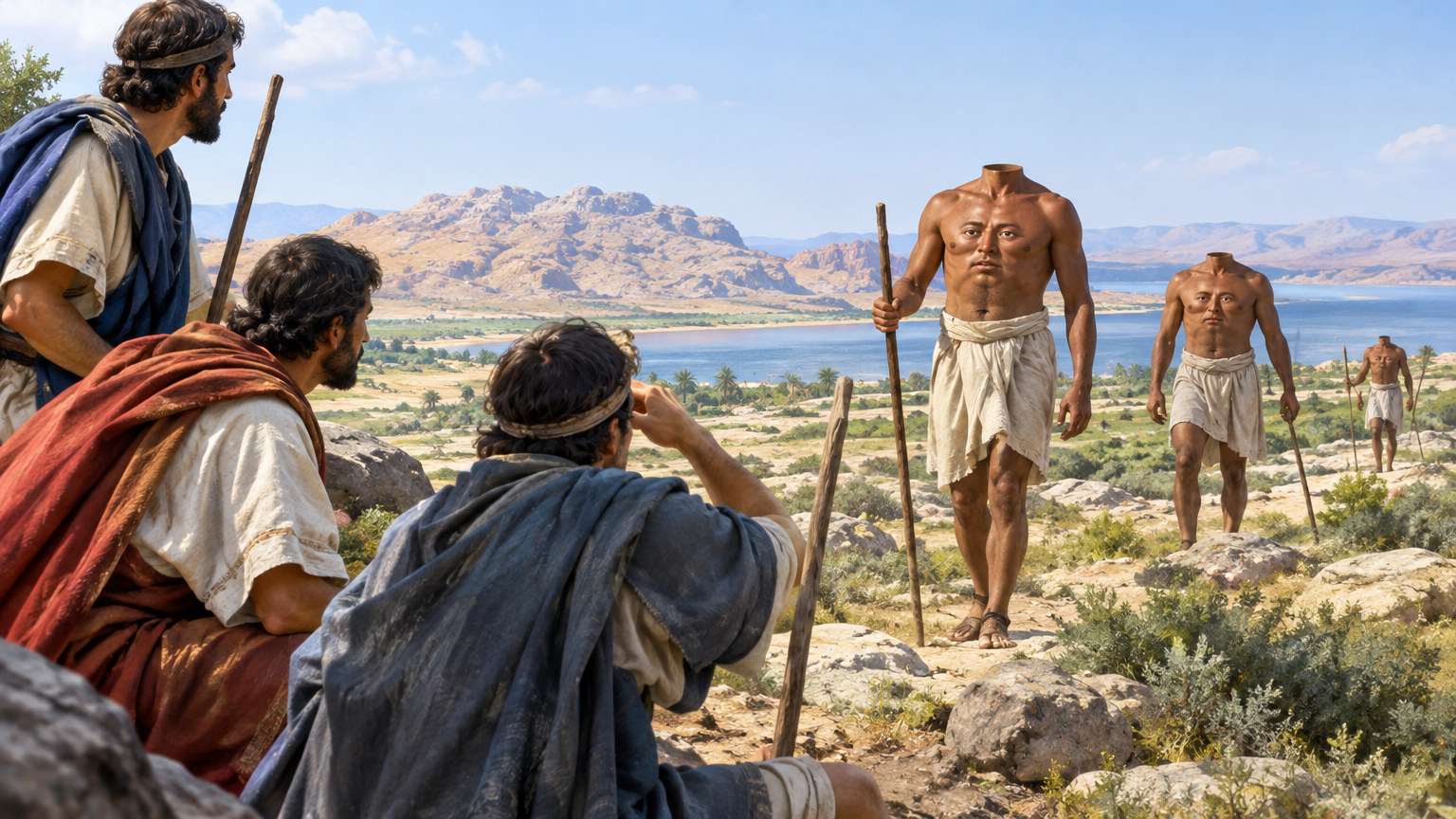 Distant human figures stand within a broad, unfamiliar landscape.