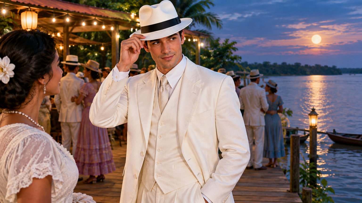 A white-clad man wearing a hat stands beside a nighttime riverside gathering.