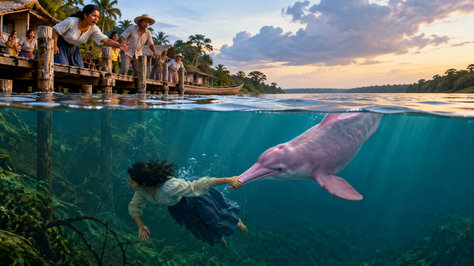 A person passes beneath the river toward an underwater settlement, with a pink river dolphin swimming nearby.
