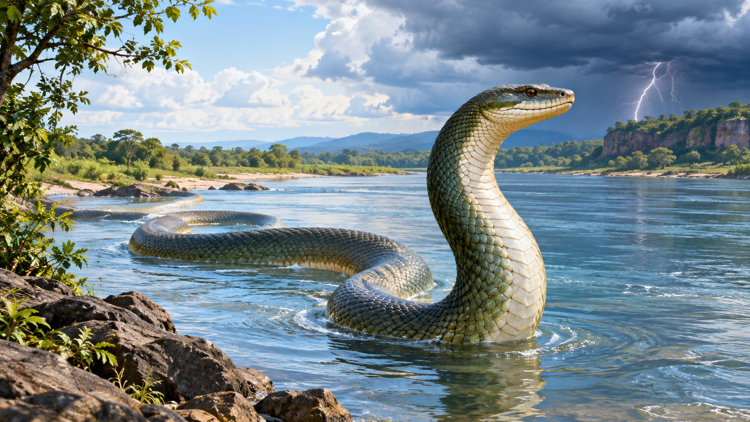 A serpent curves beside flowing river water in a quiet terrestrial landscape.