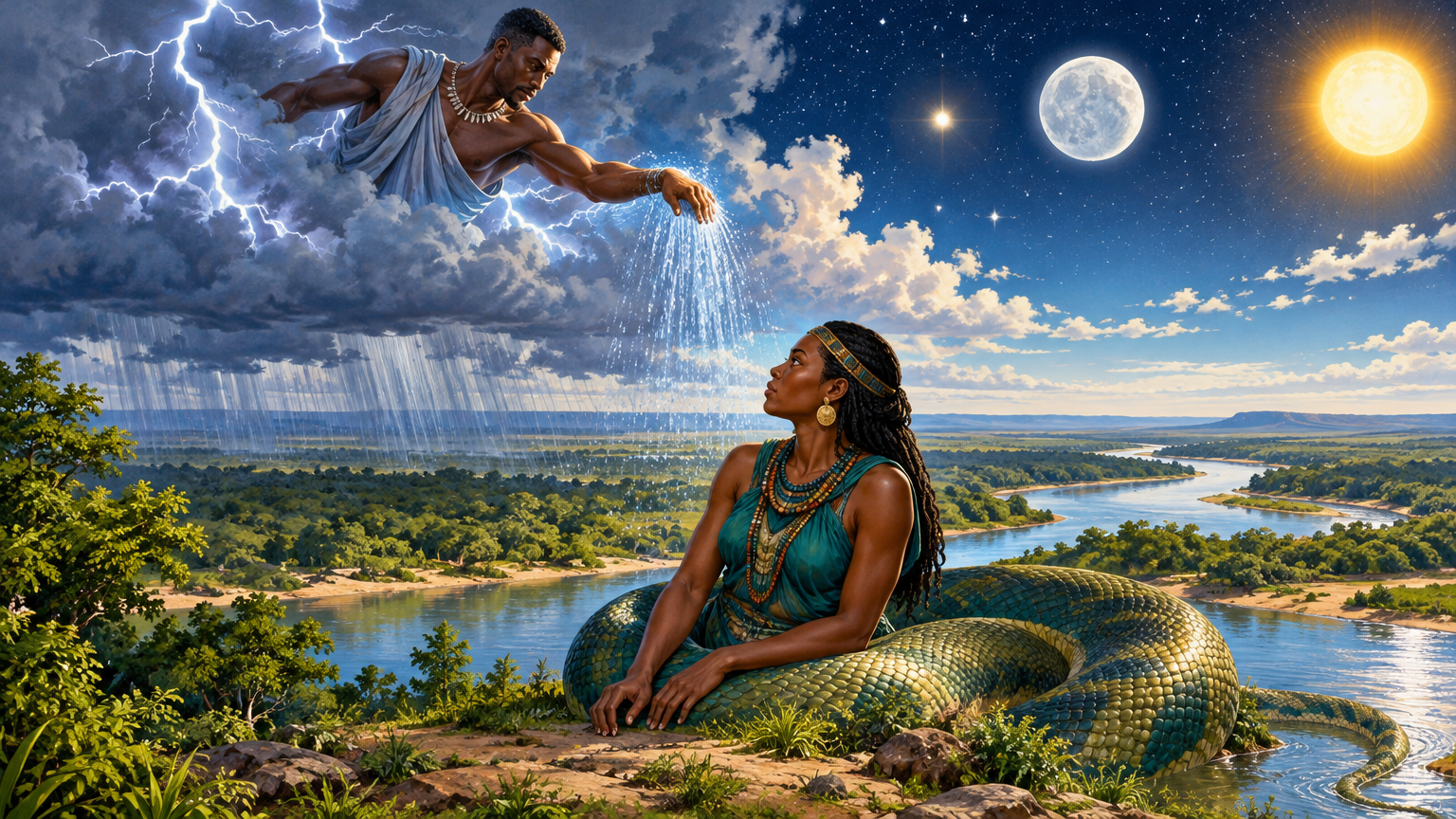 Broad rivers wind across the land beneath a sky marked by the sun, moon, Venus, and stars.