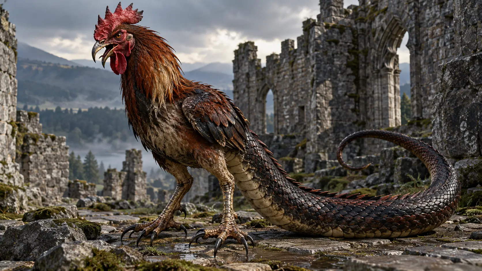 The familiar cockatrice combines a rooster’s head and upper body with a serpent’s lower body or tail.