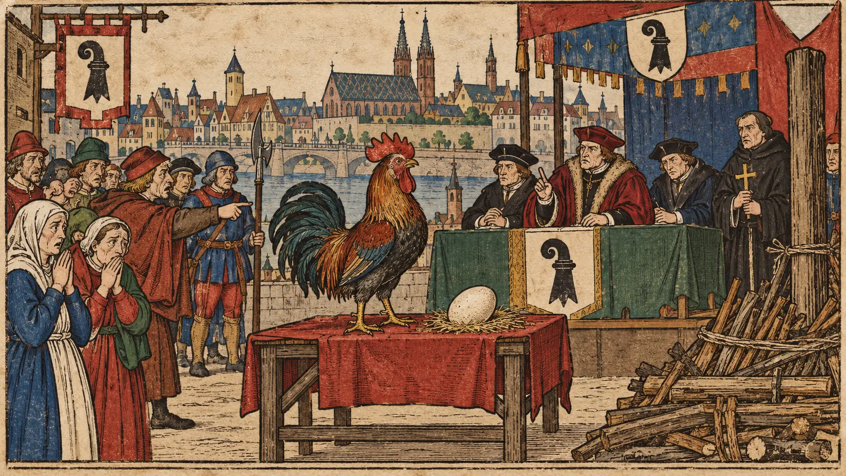 the cockatrice legend began when A 1474 Basel legend tells of a cock tried for laying an egg believed capable of hatching a cockatrice.