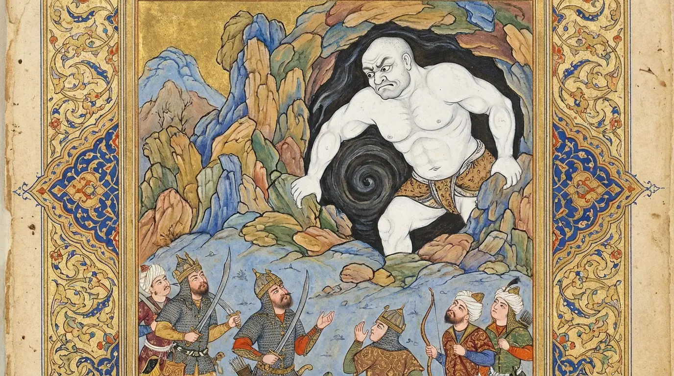 Div-e Sepid exiting the cave