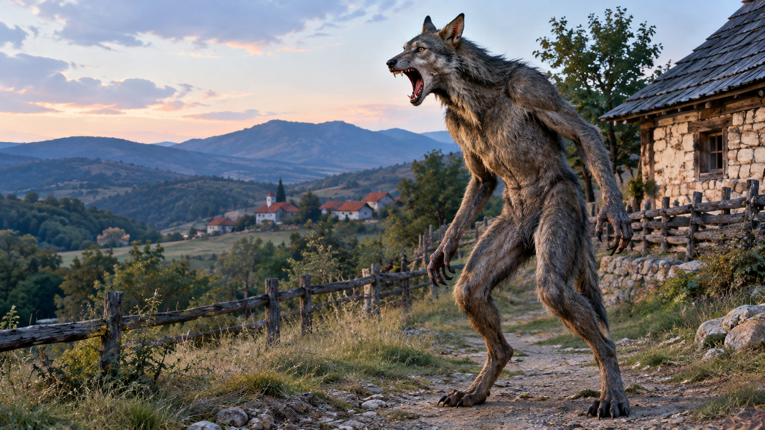 A bipedal canine-shaped humanoid stands alone at night, mouth open in a cry.